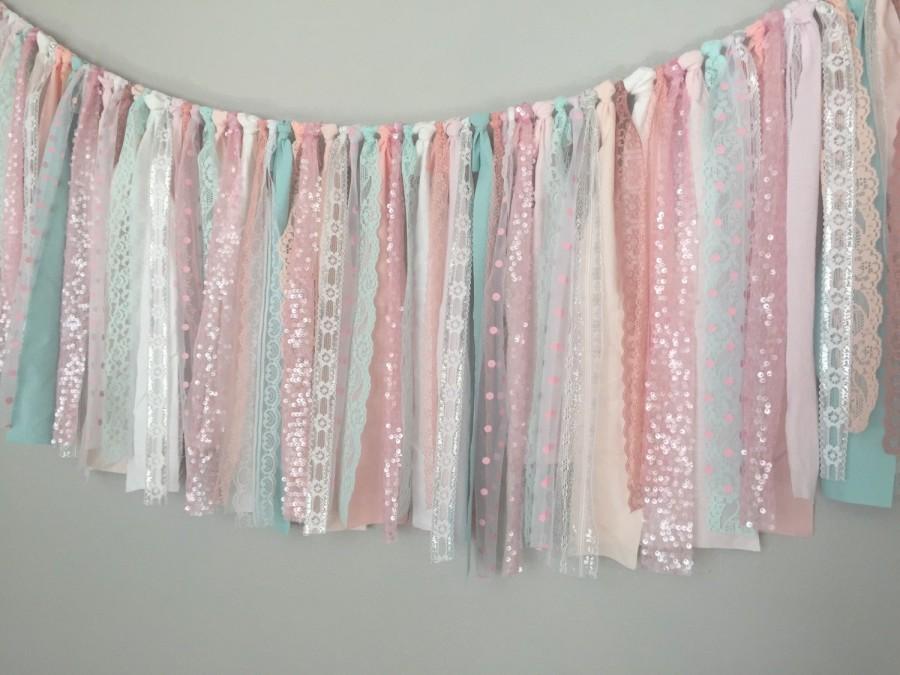 Mariage - Pink & Aqua pastel with Iridescent  Sequin Fabric Banner Garland - Backdrop, Baby Shower, Photo Prop, Nursery, Crib Garland, Cake Smash