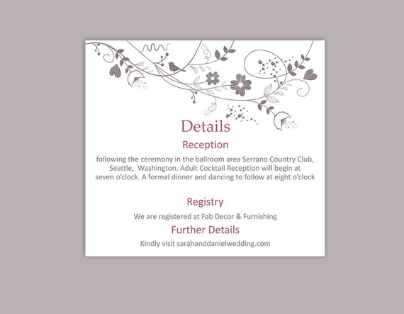 زفاف - DIY Wedding Details Card Template Editable Text Word File Download Printable Details Card Purple Details Card Elegant Enclosure Cards