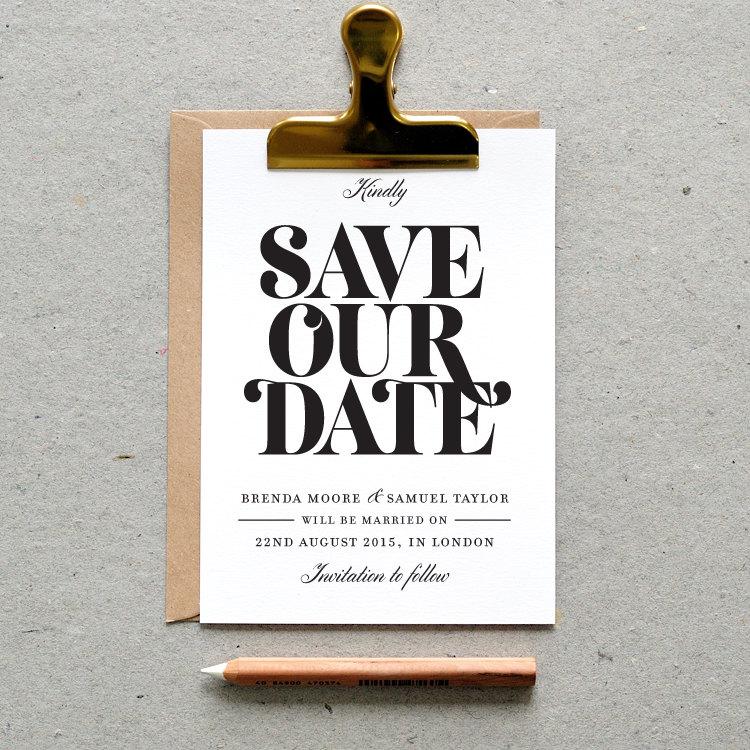Hochzeit - PRE-ORDER for Dec. 15 / Printable Wedding Save the Date PDF / 'Bold Strokes' Modern Typography Card / Black and White / Digital File Only