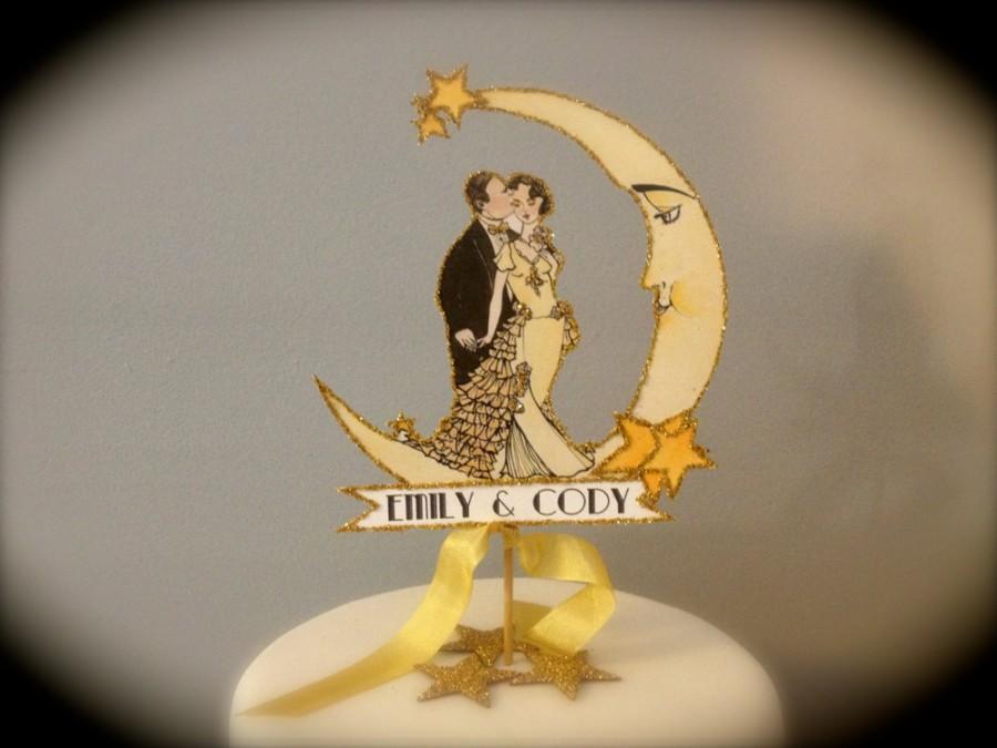 Hochzeit - Gold Glitter Moon Wedding Cake Topper - Moon and Stars - Great Gatsby - Bride and Groom  - Custom Banner