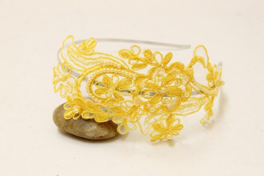 Mariage - Yellow Pearl Beading Lace Headband , Bridal Yellow Headband, Bridesmaid Yellow Headband, Yellow Hair Band