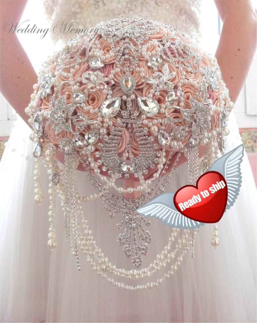 Mariage - CHRISTMAS SALE 30% Ready bouquet 9.5" FULL Price Blush pink elegant glamour Gatsby Brooch bouquet Crystal cascading jeweled broach bouqet