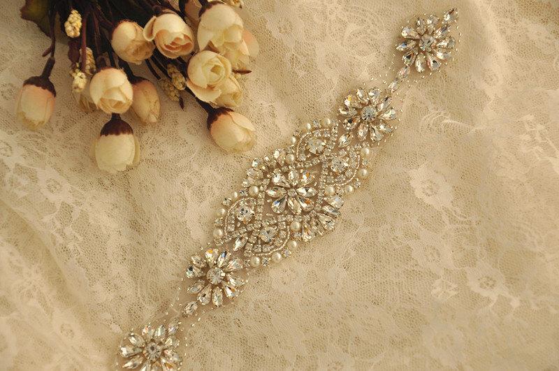 Wedding - Rhinestone applique with crystals , pearls for wedding sash bridal belt , crystal beaded appliques