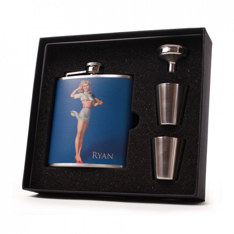Hochzeit - Personalized Flask // Vintage Salute Pin Up Girl Flask