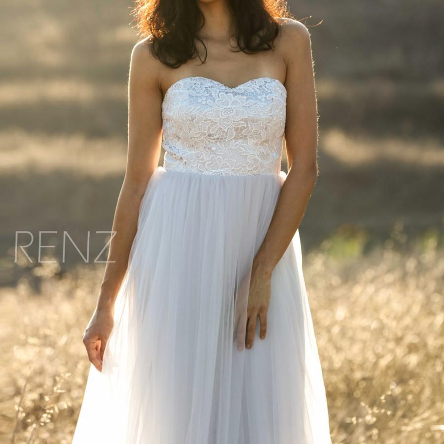 Mariage - 2015 Light Grey Bridesmaid dress, White Lace Strapless Wedding dress, Sweetheart Mesh Formal dress, A line Prom  dress floor length (FS202)
