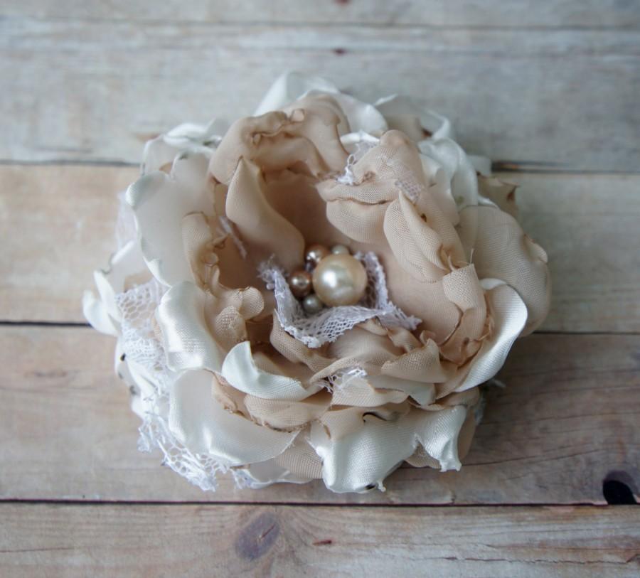 Wedding - Bridal Silk Flower Hair Clip, Sash Pin, Wedding hair flower, Fabric Flower, Champagne and Ivory,  rhinestones pearls lace rose peony