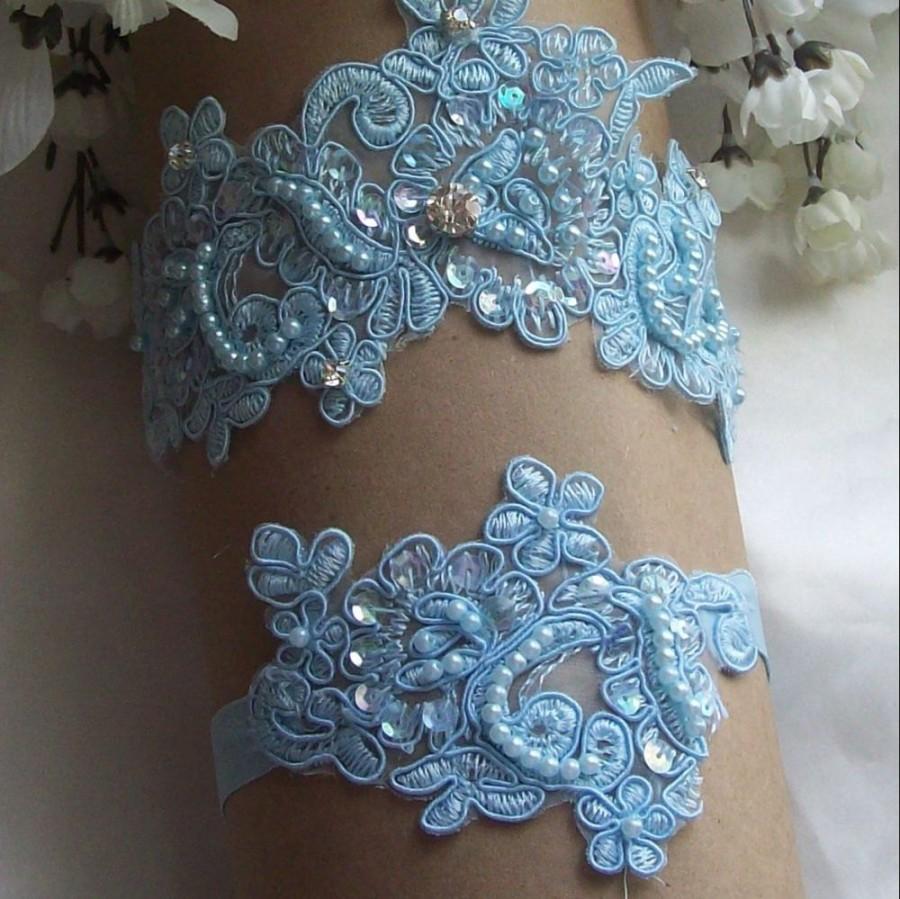 Mariage - Something Blue.Wedding,Bridal Garter,Toss Garter, Lace Garter Set,Rhinestone Garter Set,Plus Size Garter,Something Blue Garter