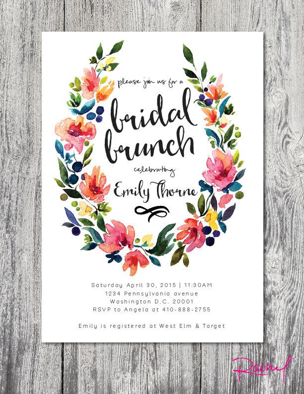 Mariage - Bridal shower brunch watercolor wreath invitation DIGITAL FILE customizable