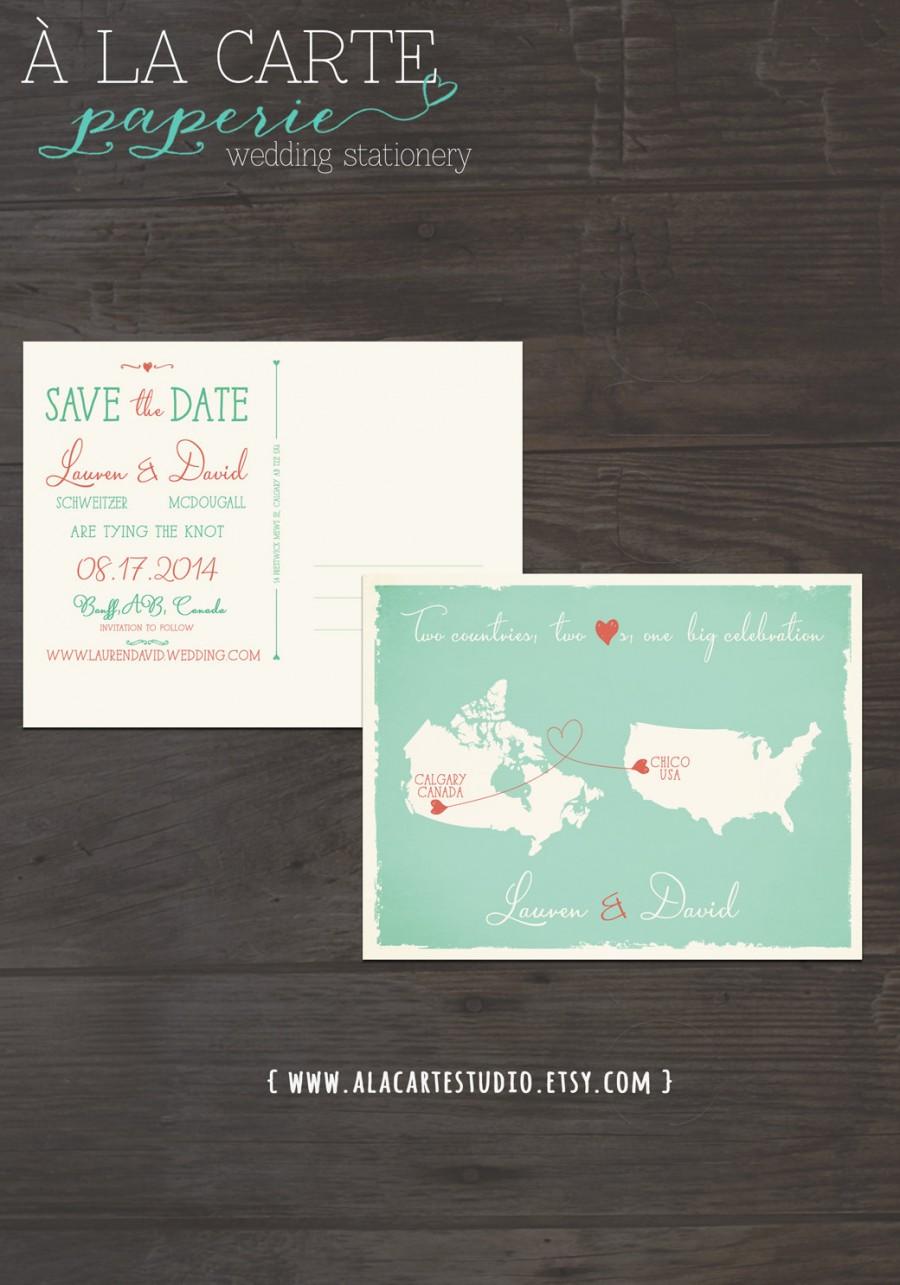 Wedding - Mint Green Coral - Two Countries, Two Hearts, One big celebration Save the Date Postcard - US canada Wedding Design fee