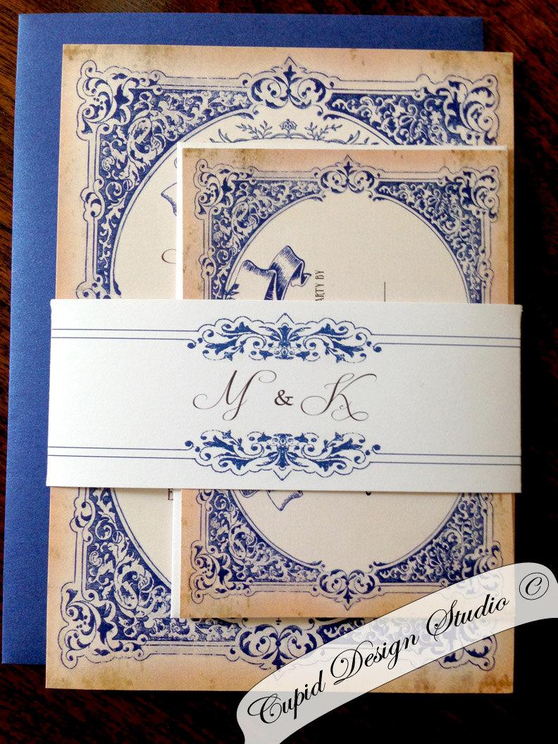زفاف - Blue royal wedding invitation. Gold. Vintage. Elegant. Ceremony. Baroque. Ornate. Victorian. Royal. Cobalt  blue. Personalized.