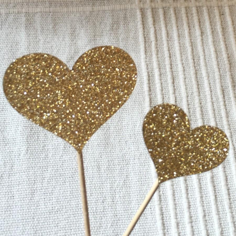 Mariage - Gold Cupcake Toppers 12 Gold Heart Cupcake Toppers Small and Large