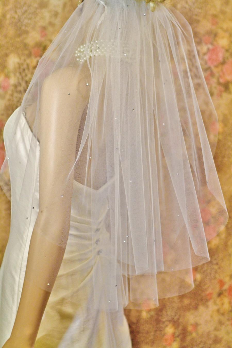 Hochzeit - ON SALE, Scattered Rhinestone Veil, 2-Tier Waist Length, Very Beautiful