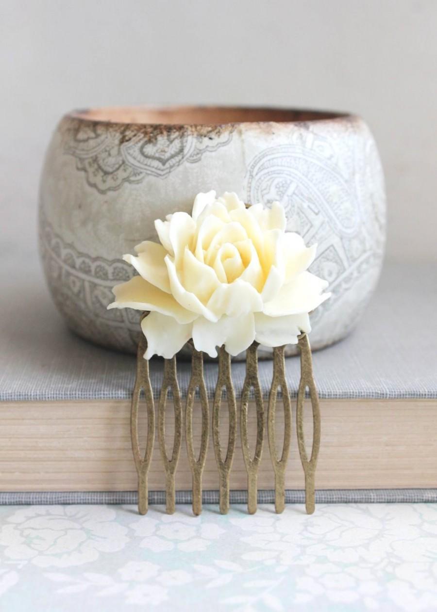 زفاف - Ivory Cream Rose Comb Romantic Flower Metal Hair Comb Modern Bridal Hair Slide Spring Floral Hair Accessories Antique Brass Bridesmaids Gift