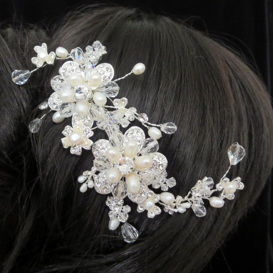 زفاف - Bridal headpiece, Silver Wedding headpiece, Bridal hair comb, Bridal hair clip, Freshwater pearl headpiece