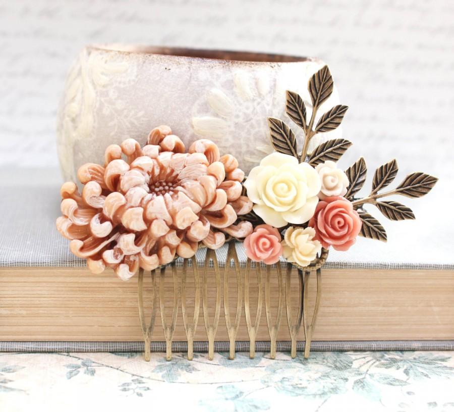 Wedding - Floral Collage Comb Peach Pink Flower Hair Comb Big Chrysanthemum Coral Wedding Branch Comb Shabby Bridal Hair Accessories Bridesmaids Gift