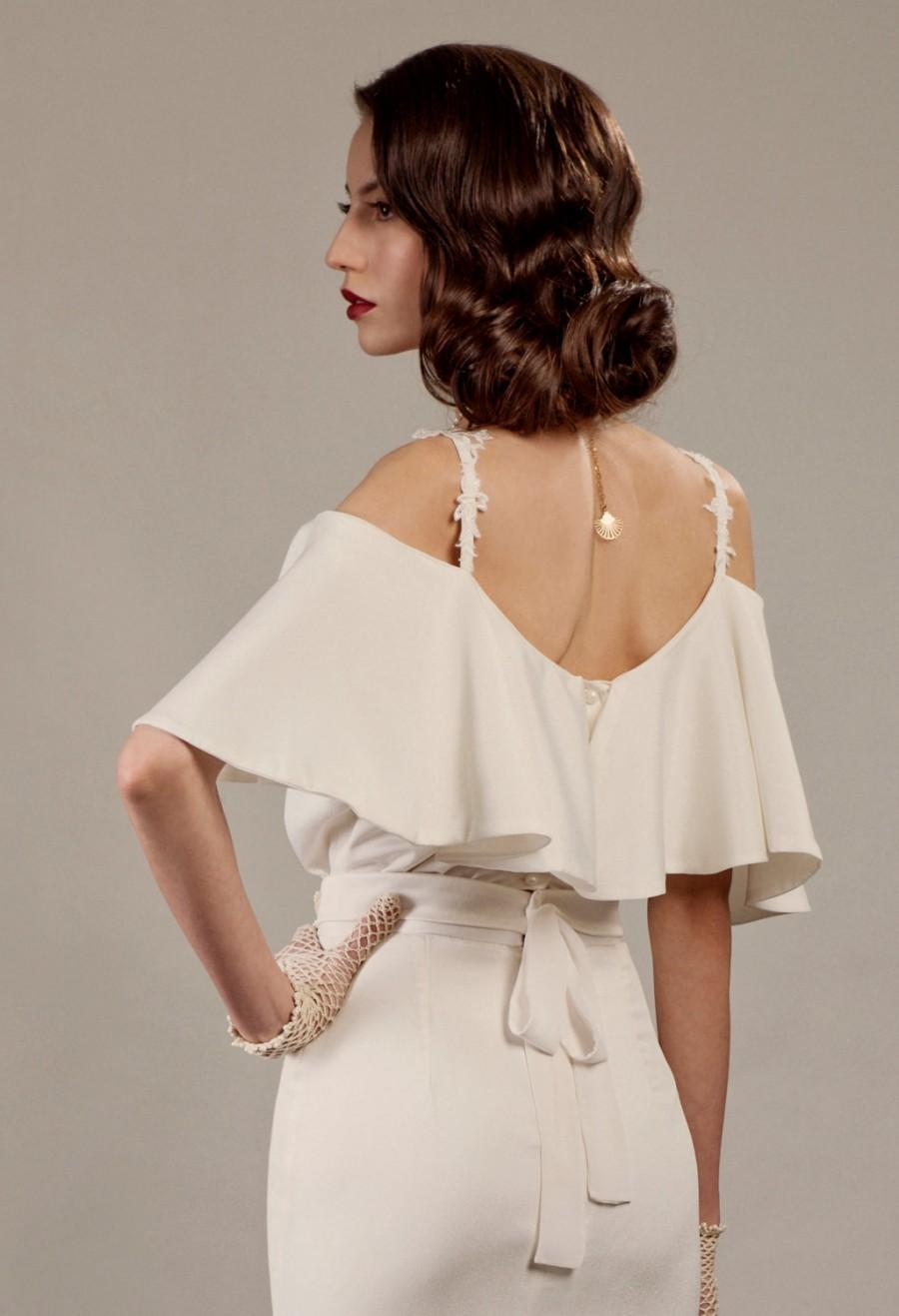 Hochzeit - Veronica two piece unique wedding dress ensemble in ivory glamorous 30's Hollywood vintage inspired