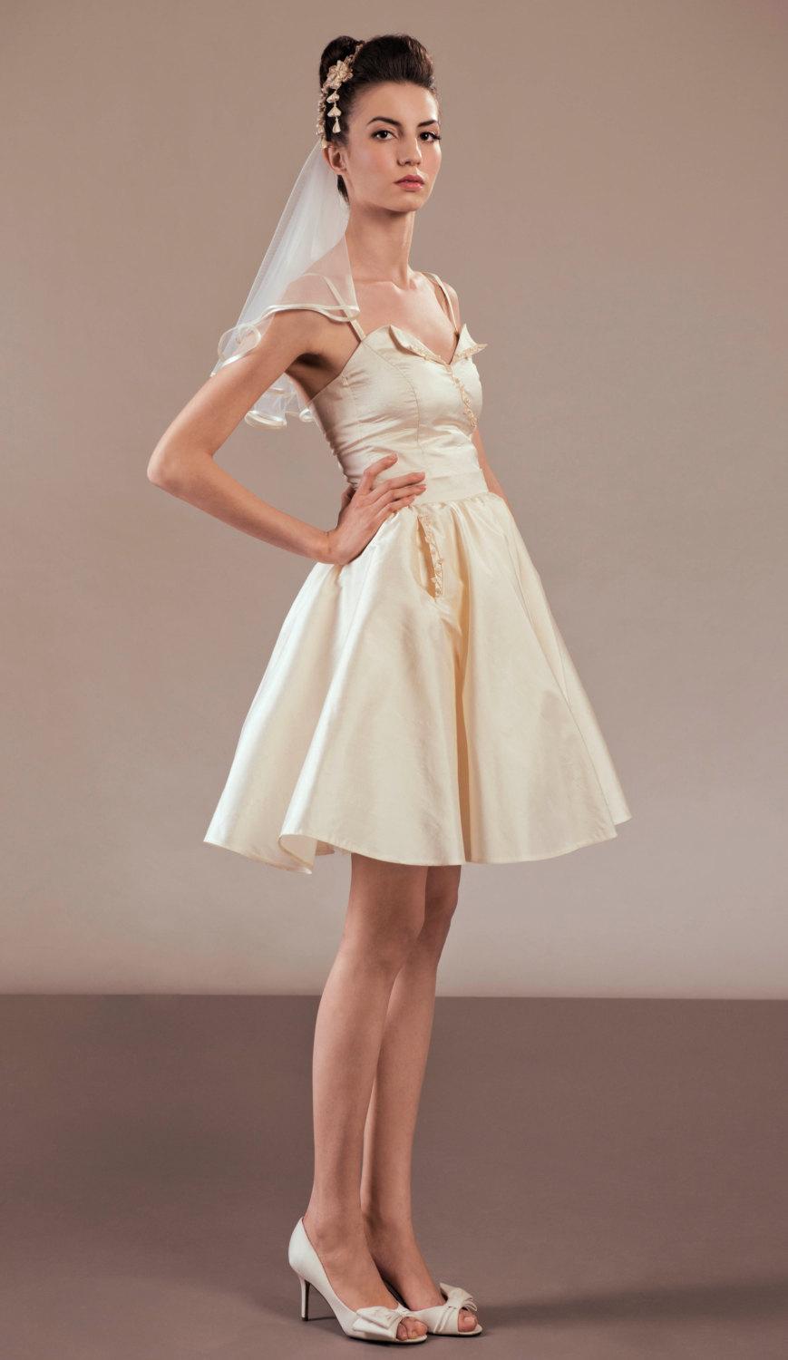Wedding - Akemi short silk wedding dress ensemble with pockets complete bridal outfit with matching veil and headpiece