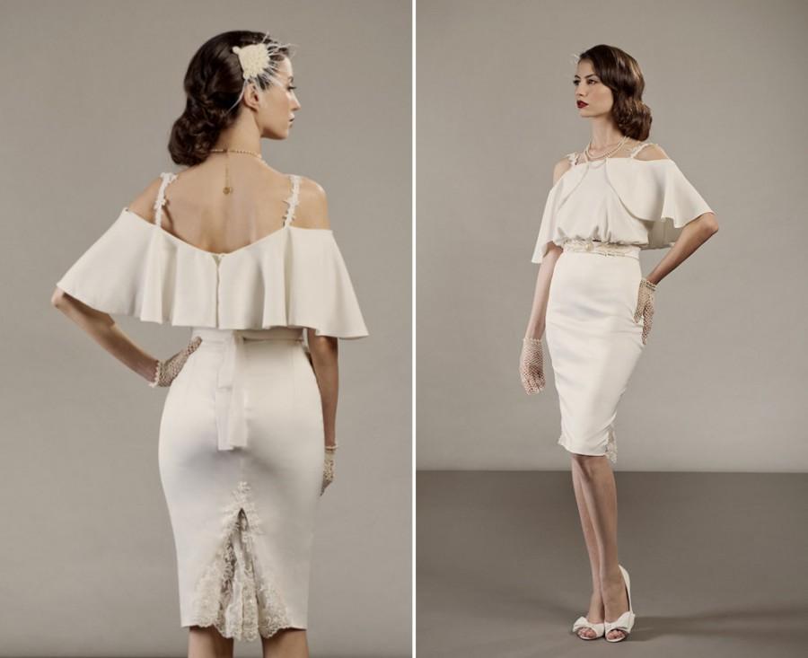Hochzeit - Veronica short two piece wedding dress ensemble in ivory glamorous retro Hollywood vintage inspired unique