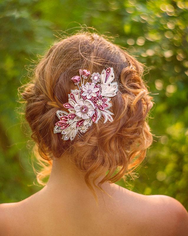 زفاف - Maia Ivory & Wisteria Bridal Headpiece comb Silk Flowers Swarovski Crystals Hair Jewelry unique alternative