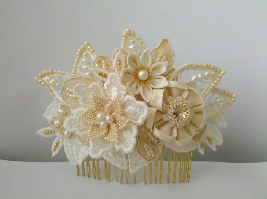 Wedding - Carly ivory and champagne Bridal Headpiece comb Silk flowers lace and freshwater pearls unique alternative