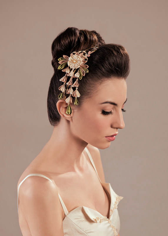 Hochzeit - Ume Silk Flowers  Bridal Blush Headpiece Kanzashi Headband Japanese inspired Hair Jewelry unique alternative
