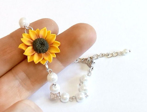 زفاف - Yellow Sunflower and Pearls Bracelet, Sunflower Bracelet, Yellow Bridesmaid Jewelry, Sunflower Jewelry, Summer Jewelry