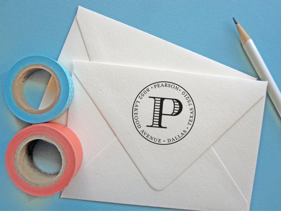 Wedding - Return Address Stamp, custom round address stamp with monogram, black self inking stamp, rubber stamp wood handle