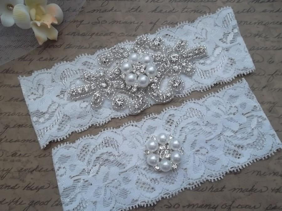 Wedding - OLIVIA Style B-Bridal Garter Set, Wedding Garter Set, Vintage Ivory Lace Garter, Rhinestone Crystal Bridal Garter