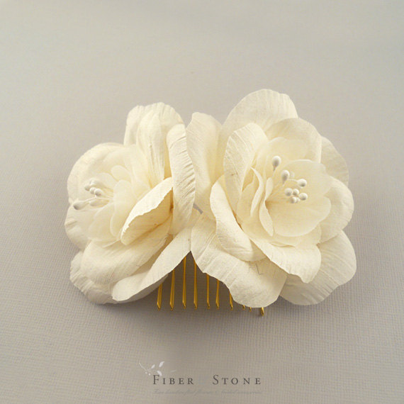Mariage - Silk Dupioni Bridal Flower Comb, Gold Wedding Hair Accessories, Ivory Bridal Hair Flowers, Bridal Headpiece, Bridal Hairpiece, Vintage Style