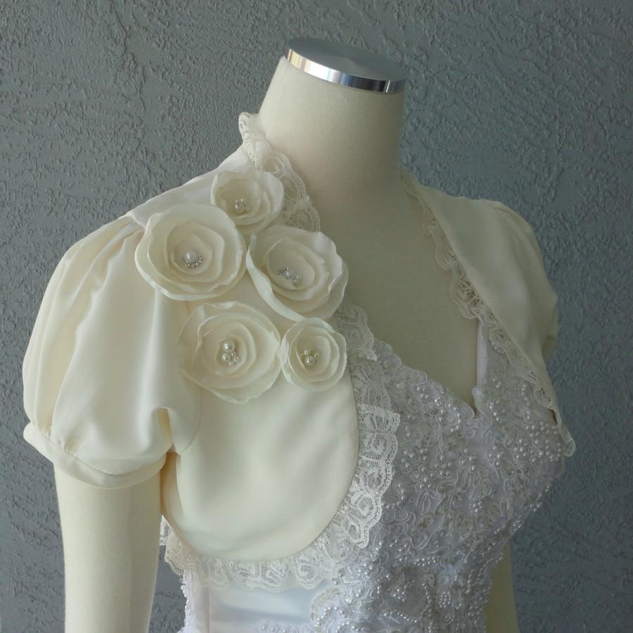 Wedding - Wedding Bolero Shrug Ivory Satin With Faux Pearls And Lace Trim All Sizes Available