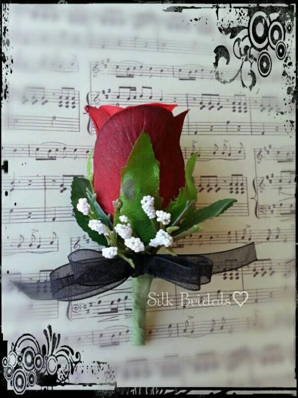 Hochzeit - Red & Black Boutonniere rose Groom groomsman bridal silk wedding flowers
