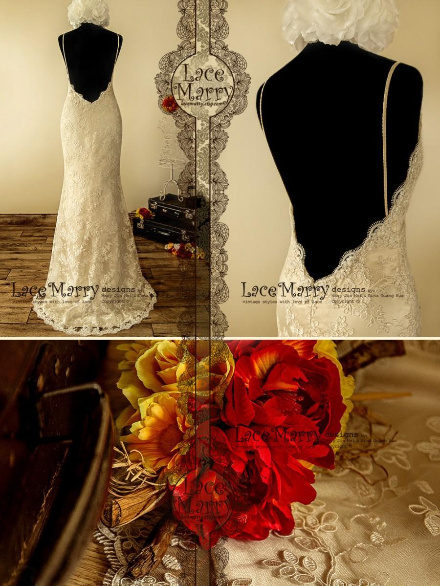 Mariage - Glorious Golden Underlay Slim A-line Style Lace Wedding Dress with Small Sweep Train Featuring Sweetheart Neckline and Deep Sexy V-Cut Back