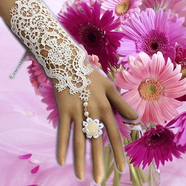 Wedding - Lady's Lace Man-made Pearl Bracelet & Ring Hand Ornament - Black/White