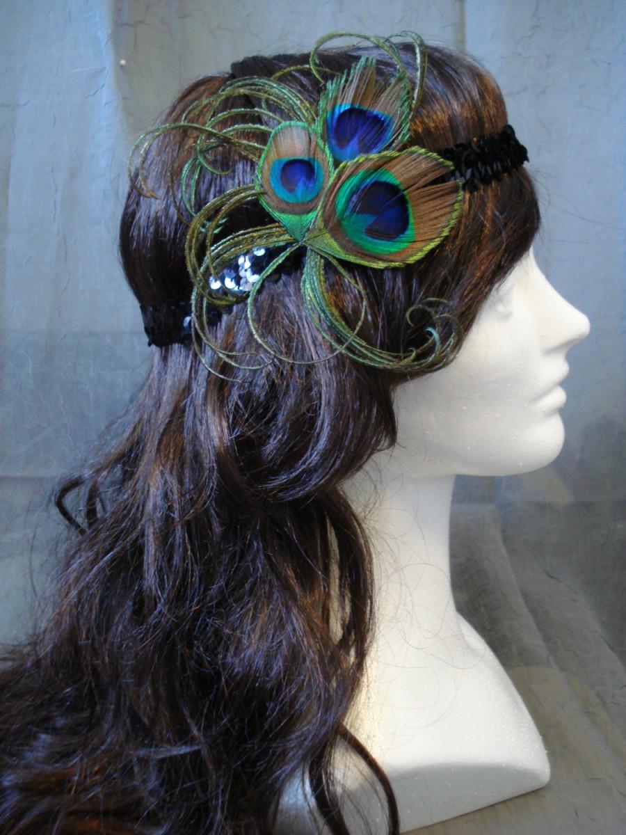 Mariage - Peacock feather Burlesque 1920s flapper style headband, Peacock Hair Clip, Peacock Hair Pin
