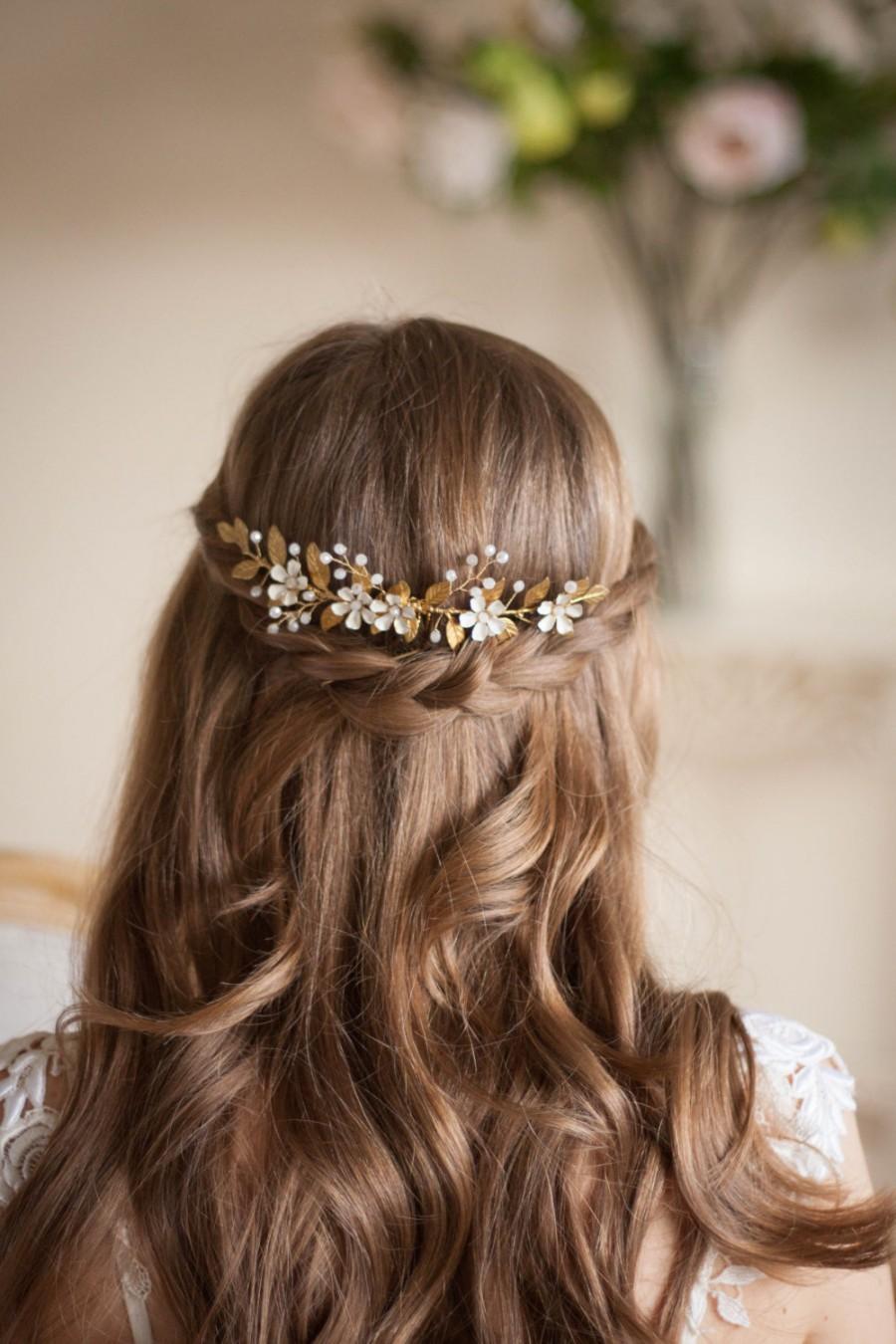 Mariage - Flower Vine and Spray Comb, Gold leaf comb, Gold Leaf Headpiece, Flower and leaf vine, bridal headpiece, Flower comb, silver comb, boho #211