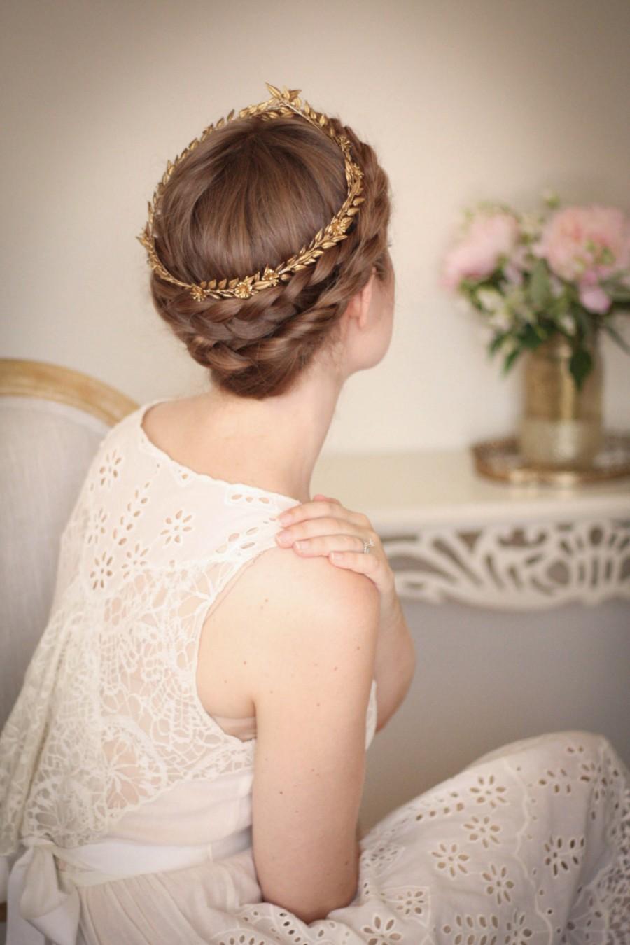 Hochzeit - Edwardian mini gold leaf circlet, vintage crown, leaf crown, bridal circlet, bridal headpiece, Greek goddess, flower crown, boho #105