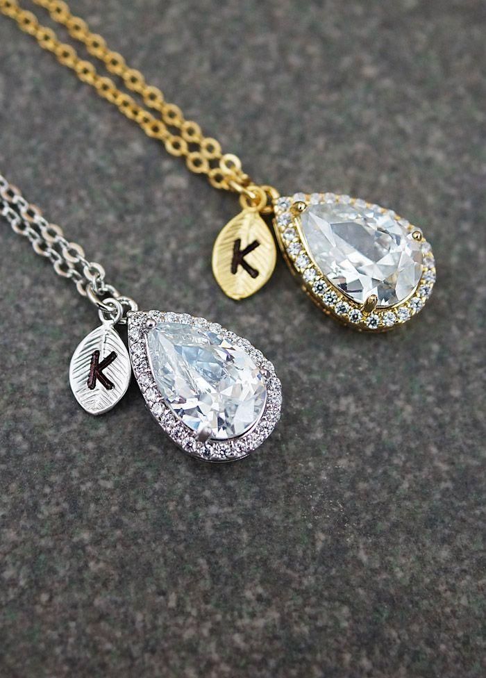 Wedding - Pear Shape Cubic Zirconia Pendant Personalized Initial Necklace