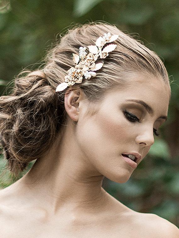 زفاف - Wedding Hair Comb, Bridal Hair Accessories, Filigree Flower Leaf, Freshwater Pearl Cluster Headpiece, Swarovski Crystal Hair Piece (CLAIRE)