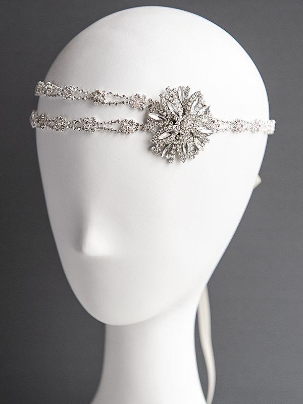 Mariage - Crystal Wedding Headband, Bridal Hair Accessories, Art Deco Snowflake Flower Hairband, White Ivory Silver Ribbon Rhinestone Halo, CLODIA