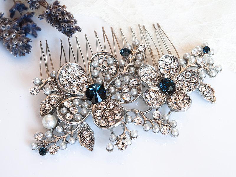 زفاف - Victorian Style Bridal Hair Accessories, BLUE Swarovski Crystal Wedding Hair Accessory, Pearl and Rhinestone Flower and Leaf Hair Comb, LISA