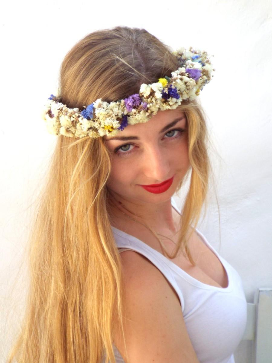 زفاف - White flower crown, Wedding hair accessories, Real dried Floral headband, Ivory bridal headpiece, Dried baby's breath