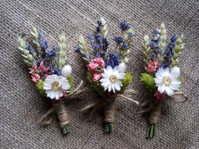 Свадьба - Summer dried pastel boutonnieres set- 6 , groomsman wedding boutonniers ,rustic groom wedding decor ,vintage country ,woodland boutonniere