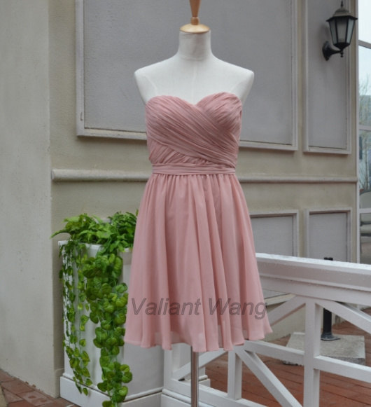 Hochzeit - Rose Pink Sweetheart Neckline Chiffon Bridesmaid Dress Short Knee Length Prom Dress
