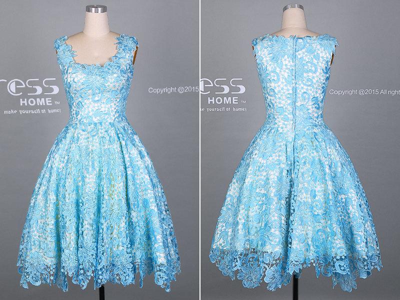زفاف - Gorgeous Sky Blue Square Neck Lace Homecoming Dress/Blue Lace Party Dress/Short Prom Dress/Custom Made Bridesmaid Dress DH221