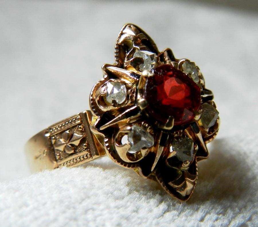 Wedding - Victorian Ring Unique Engagement Tourmaline Engagement Ring 1800s Enamel Rose Cut Diamond Ring 14K Rubellite Tourmaline October Rose Gold