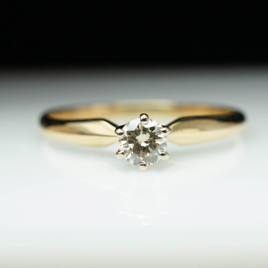 Hochzeit - Vintage Solitare Round Diamond Engagement Ring 14k Yellow Gold Simple Engagement Ring Vintage Engagement Solitaire Diamond