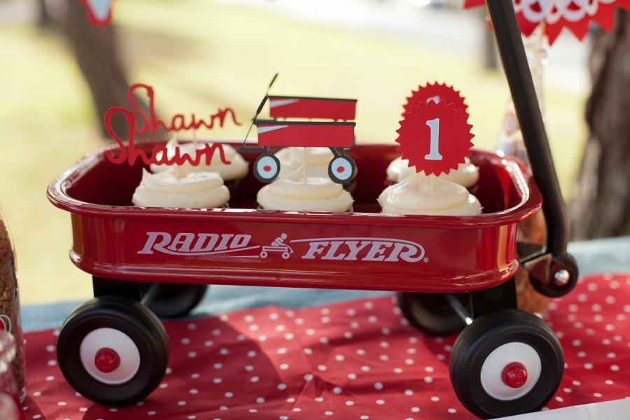 Hochzeit - Little Red Wagon Birthday Personalized Cupcake toppers - Set of 12 - Red Wagon Theme Birthday - Baby Shower Vintage Toys Party Personalized
