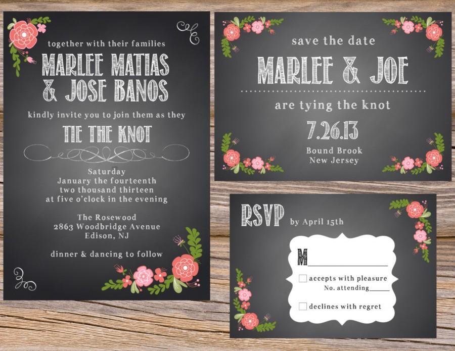 Свадьба - Spanish Rose Chalkboard Wedding Invitation Suite DIY Printable Custom Save The Date RSVP Table Numbers