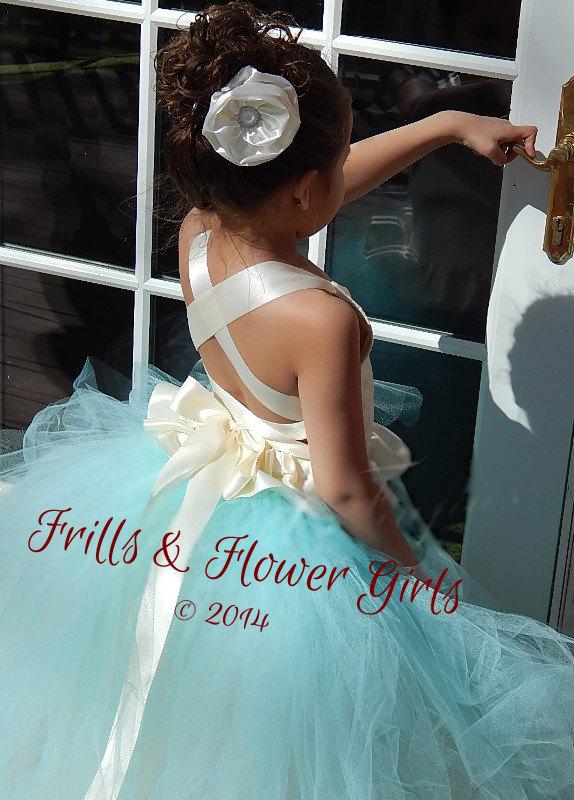 Mariage - Aqua Blue Flower Girl Dress - Ivory Halter with Aqua Blue Tutu Skirt - Flower Girl Dress Sizes 2, 3, 4, 5, 6 up to Girls Size 12