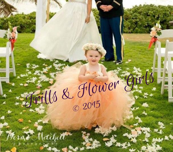 زفاف - Peach Satin Flower with Ivory Shabby Chiffon Flowers Peach Tulle Tutu Dress Flower Girl Dress Sizes 2, 3, 4, 5, 6 up to Girls Size 8